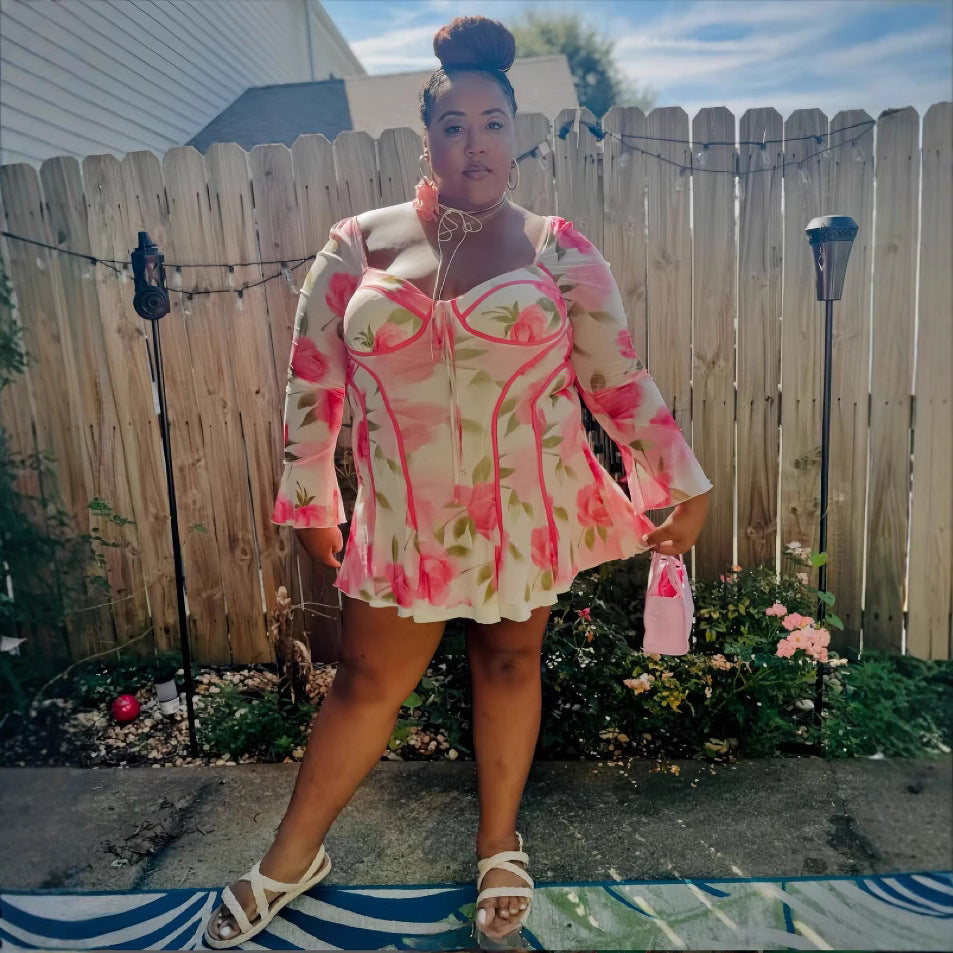 Pink Floral Corset Mesh Mini Dress