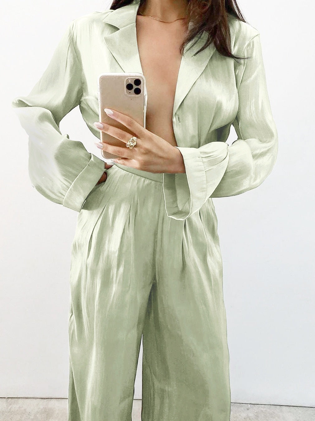 Sage Satin Wide-Leg Two-Piece Set