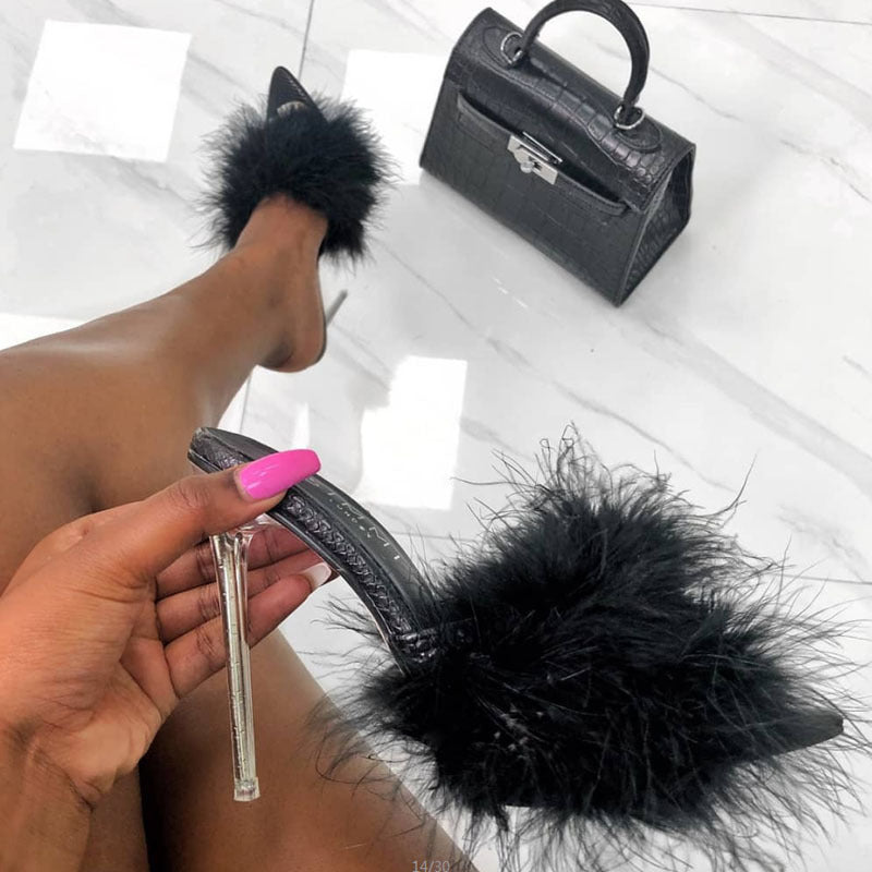 Midnight Feather Stiletto Mules