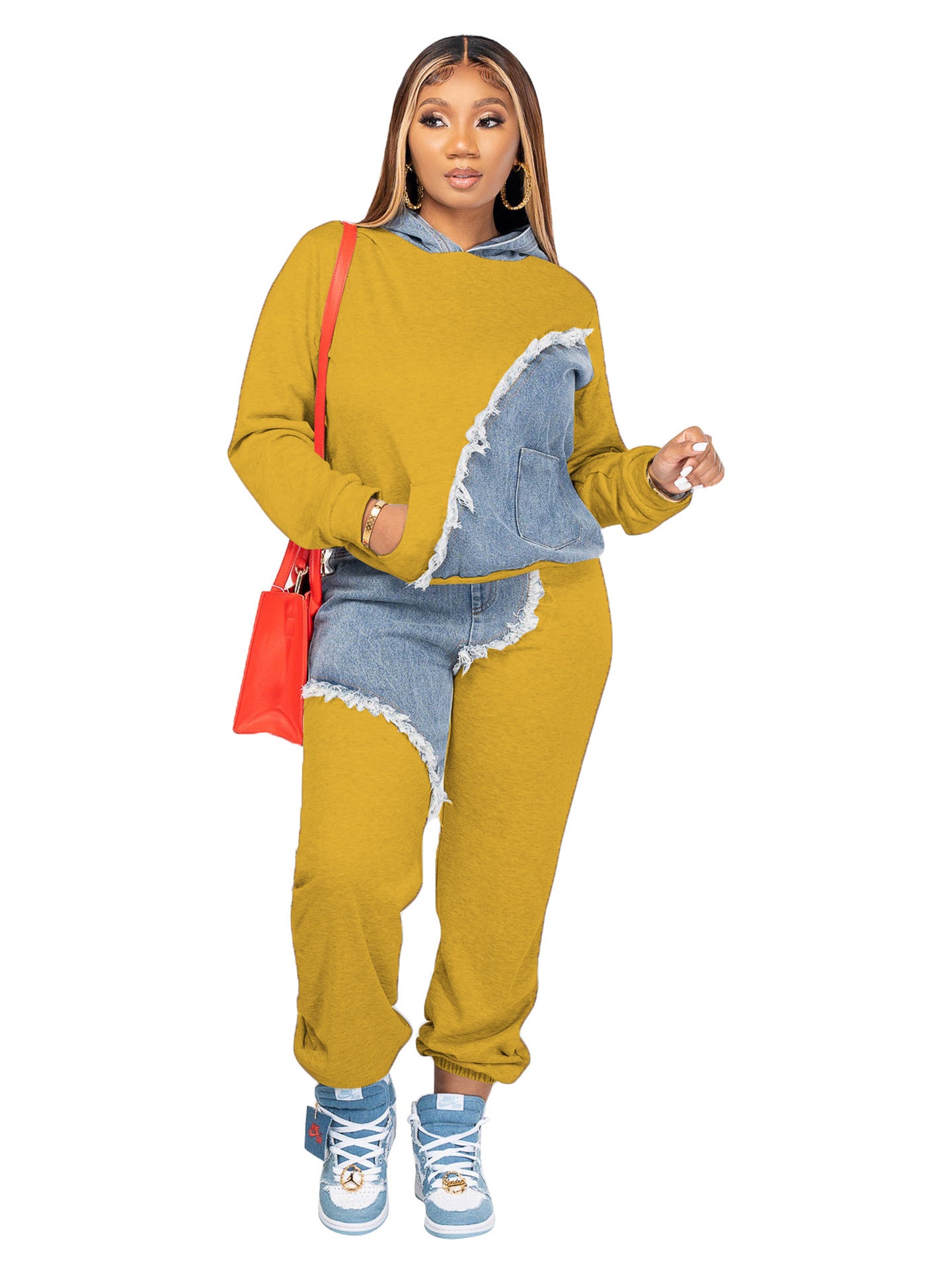 Denim Contrast Hoodie Jogger Set
