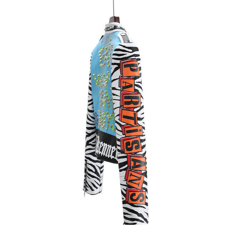 Electric Rebel Zebra Sleeve Moto Jacket – Statement Streetwear”