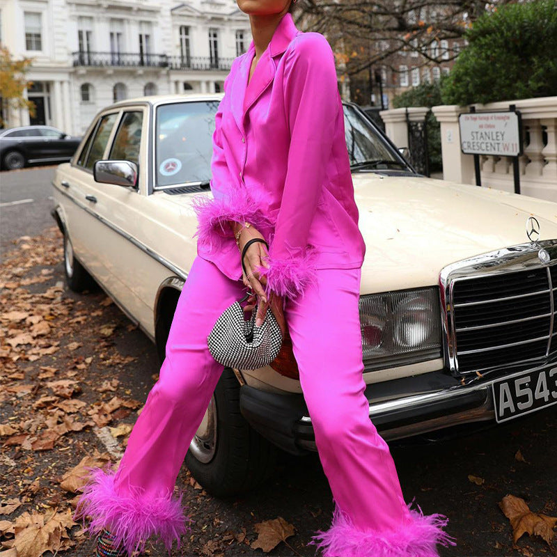 Pink Luxe Feather Trim Two-Piece Set 