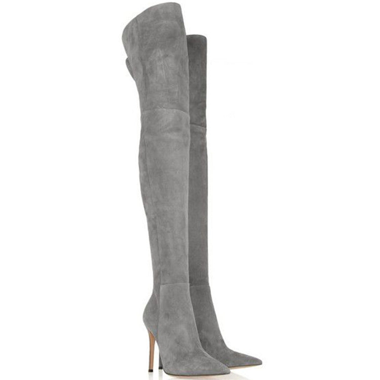Grey Suede Thigh-High Stiletto Boots