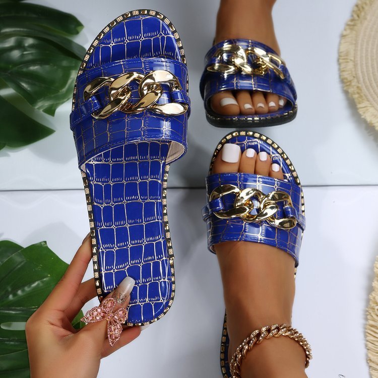 Emerald Chain Croc-Embossed Slides