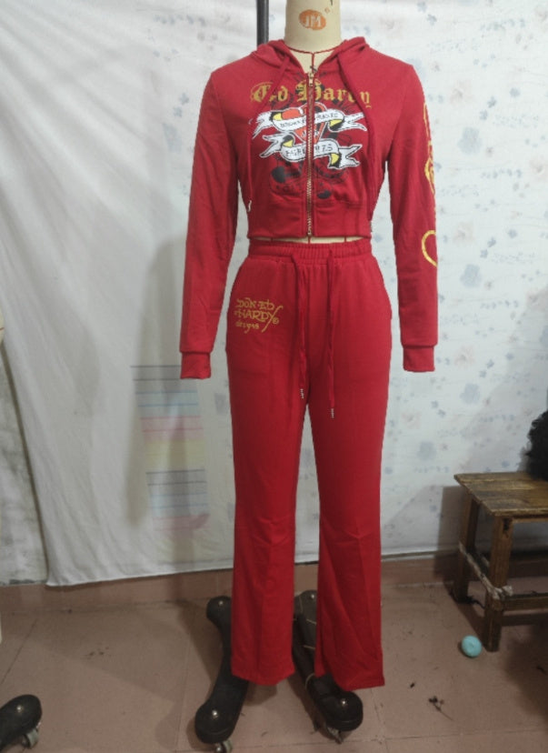Red Hot Graphic Cropped Hoodie Set