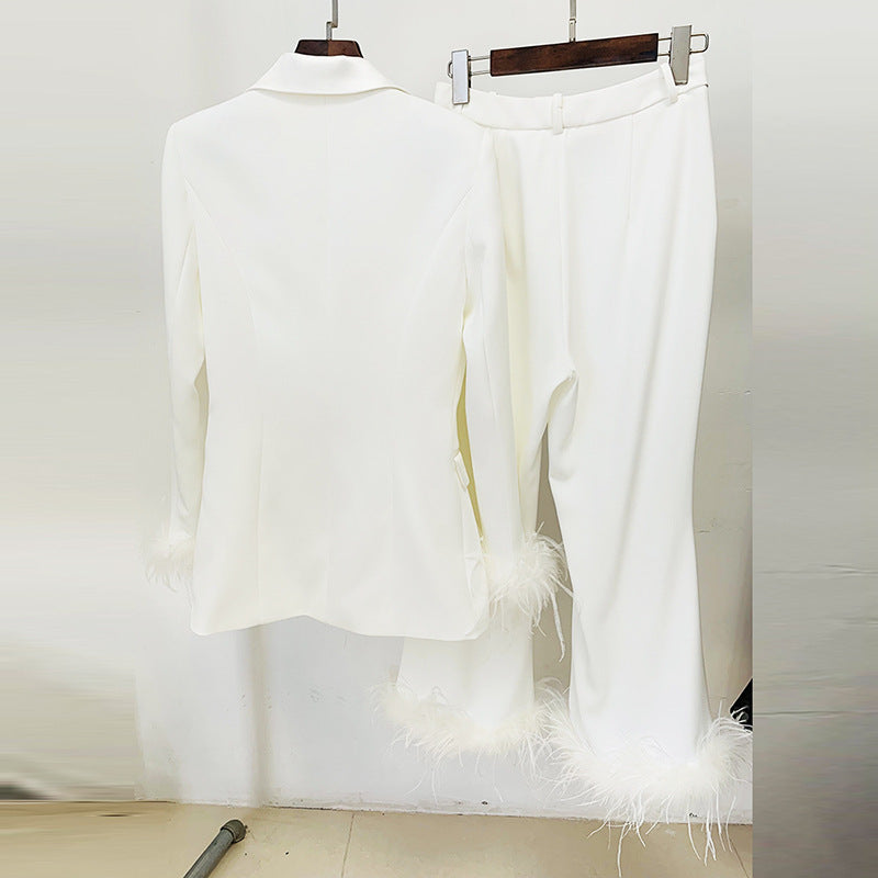 Ivory Feather-Trim Tailored Blazer & Pant Set