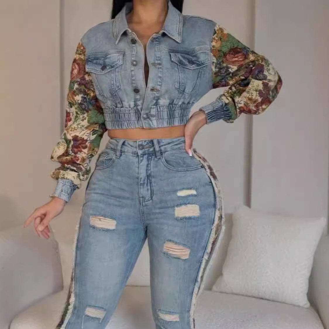 Floral Trim Denim Two-Piece Set