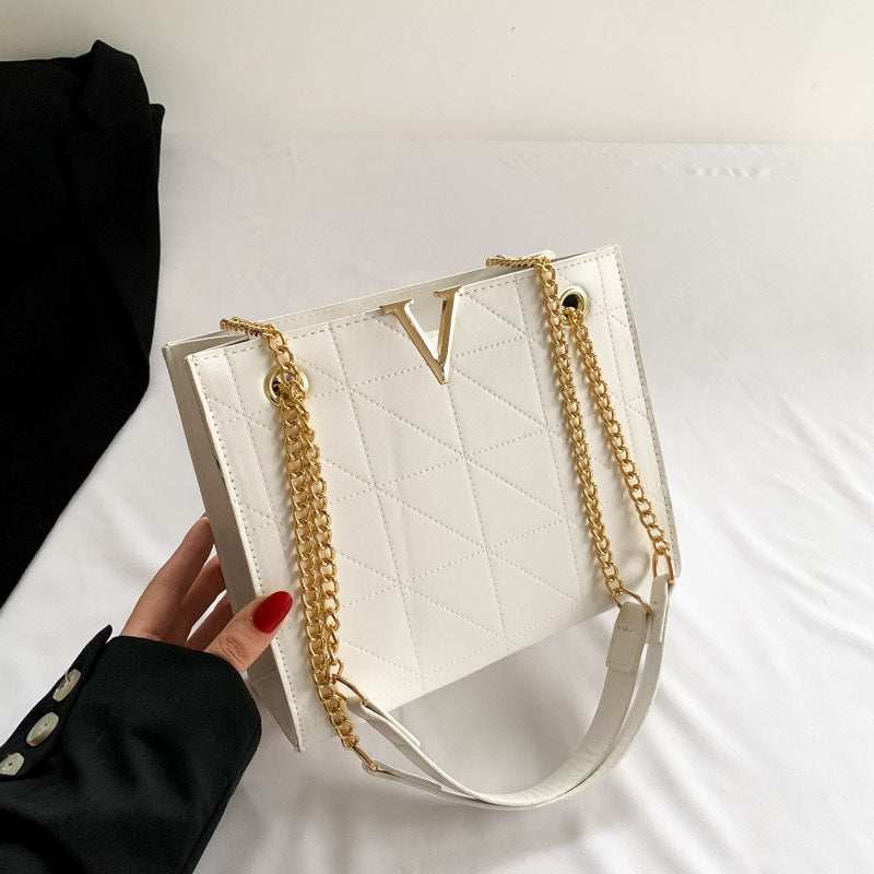 V-Detail Quilted Chain Tote Bag
