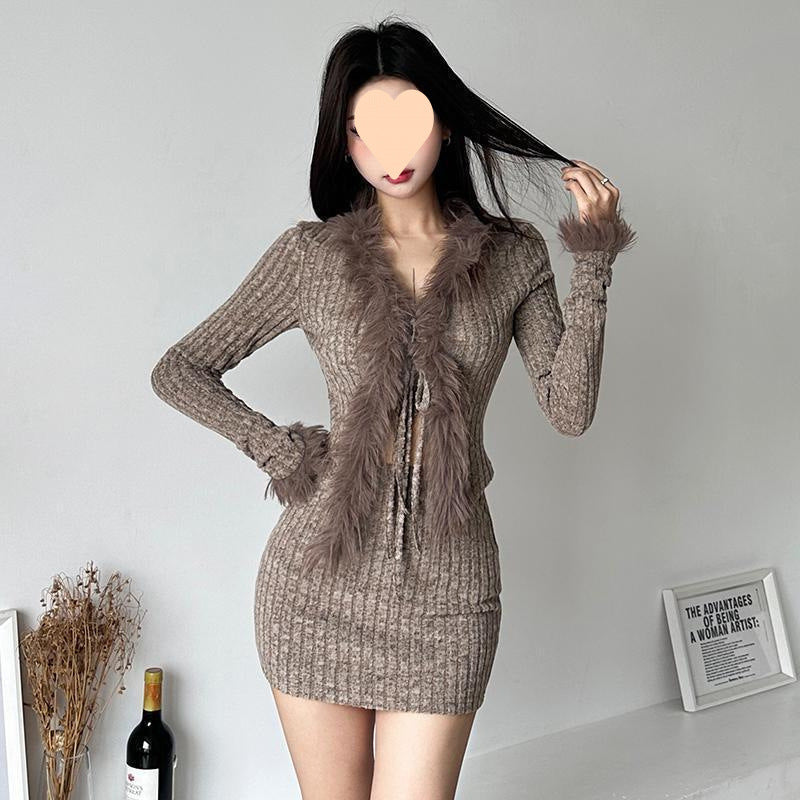 Mocha Feather Trim Knit Mini Dress