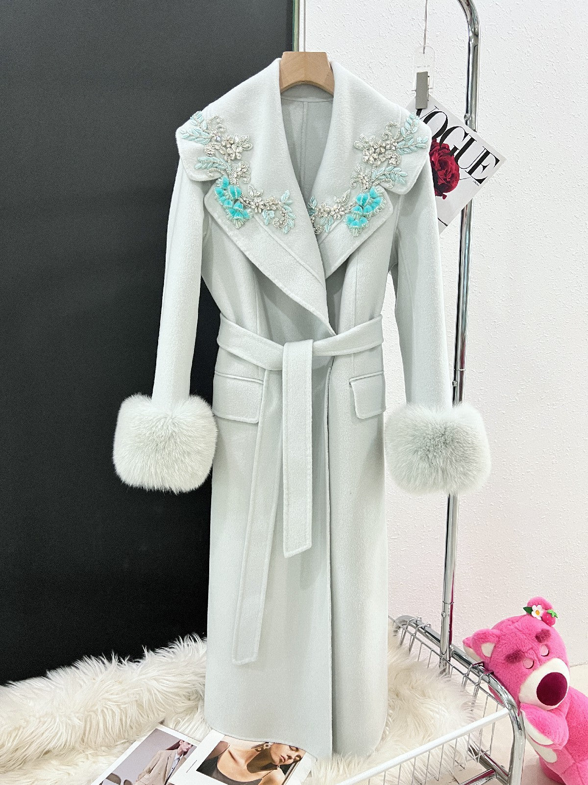 Ivory Crystal Fur-Trim Belted Coat