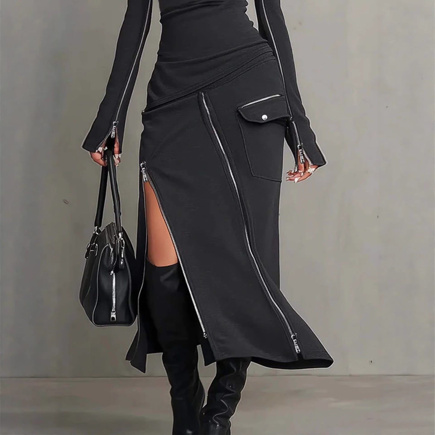 Midnight Edge Zipper Maxi Dress