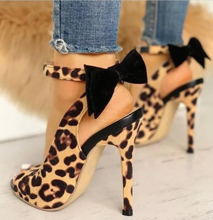 Leopard Bow Ankle-Strap Stiletto Heels