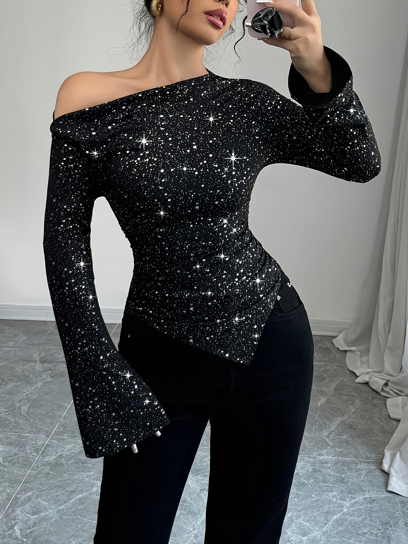 Midnight Sparkle One-Shoulder Top