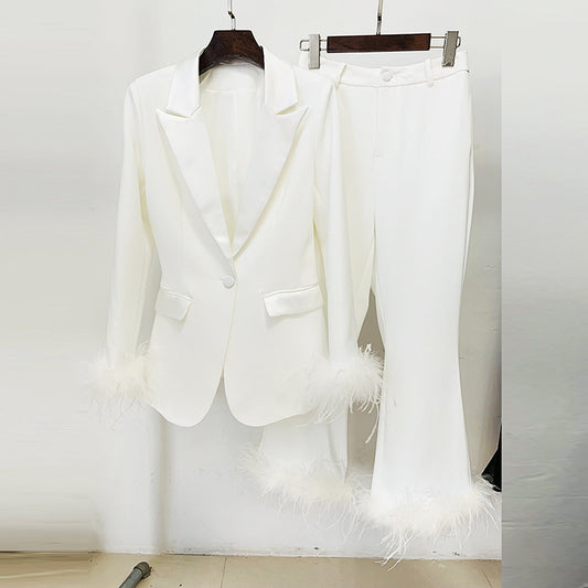 Ostrich feathers Fur Blazer Cropped Pants Set Two-piece Suit