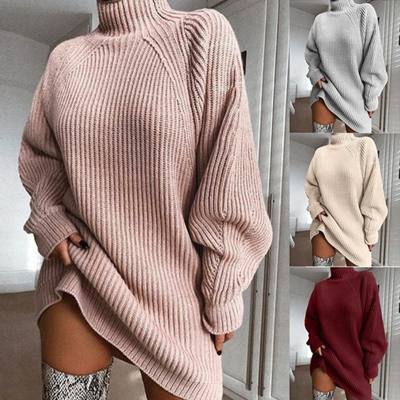 Solid Turtleneck Long Sweater Dress