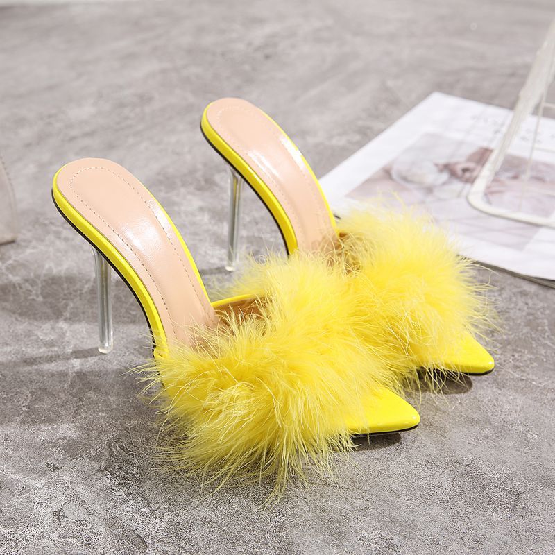 fur high-heeled slippers