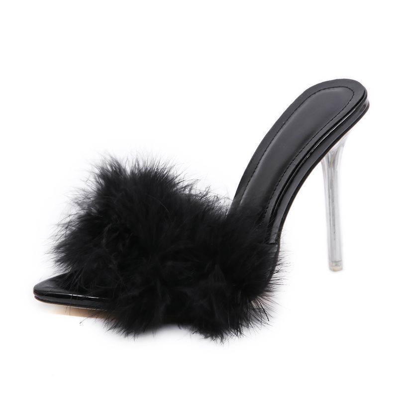 fur high-heeled slippers