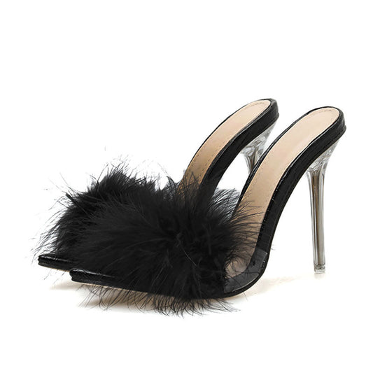 Crystal High Heels Woman Feather Fur Slippers