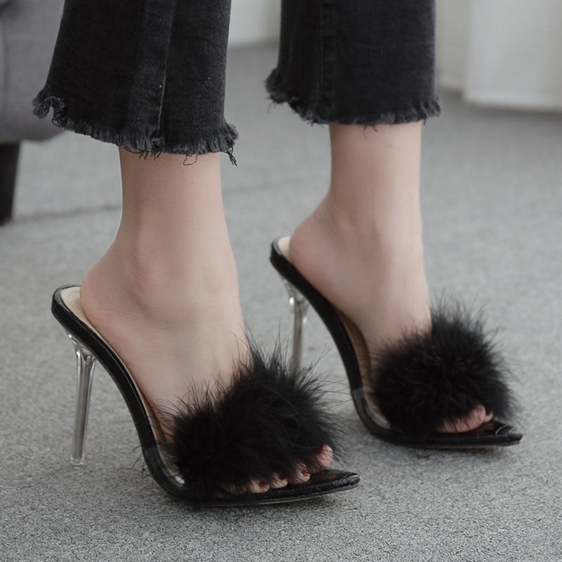 Crystal High Heels Woman Feather Fur Slippers