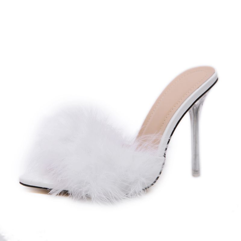 fur high-heeled slippers