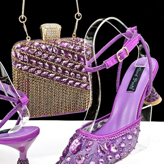 Rhinestone High Heel Sandals Three-dimensional Tassel Handbag Set