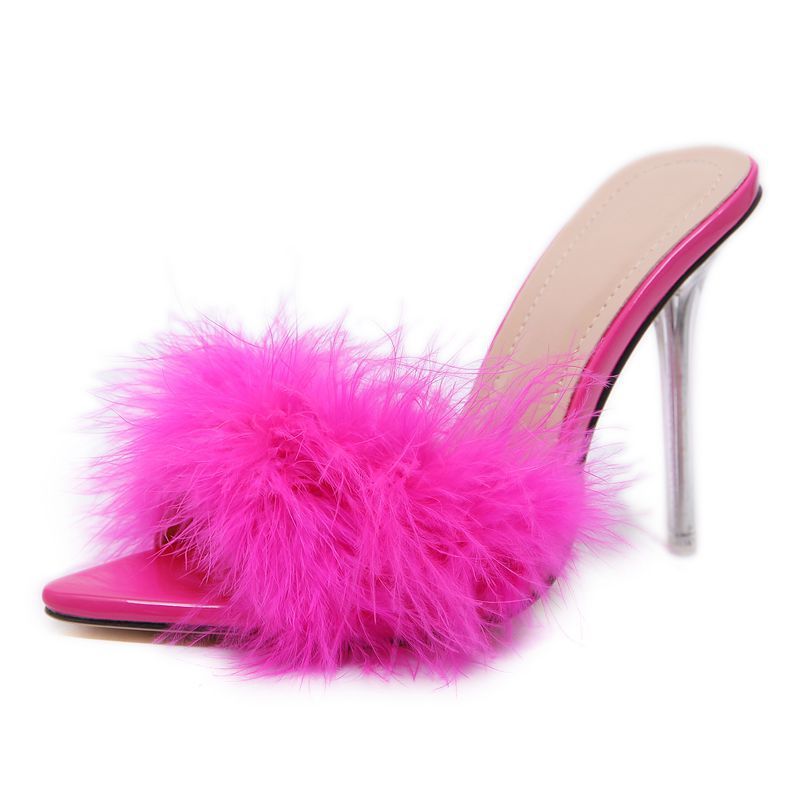 fur high-heeled slippers