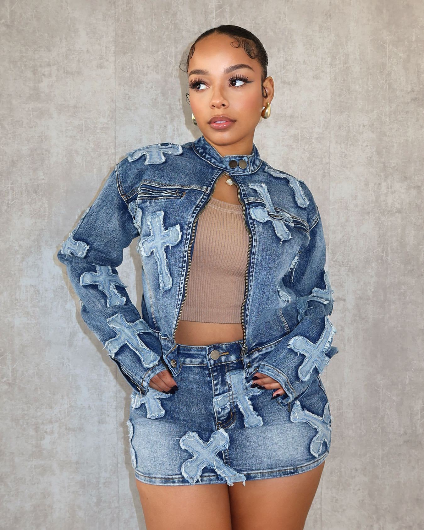 Denim Embroidered Short Skirt Jacket Suits Suit