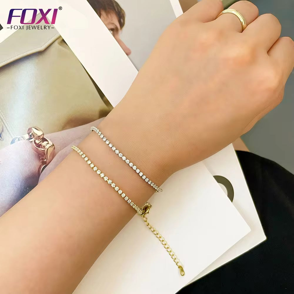 Elegant Silver Tennis Bracelet - Dainty Sparkling Crystal Chain