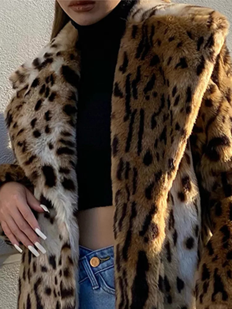 New Leopard Print Faux Fur Coat Women