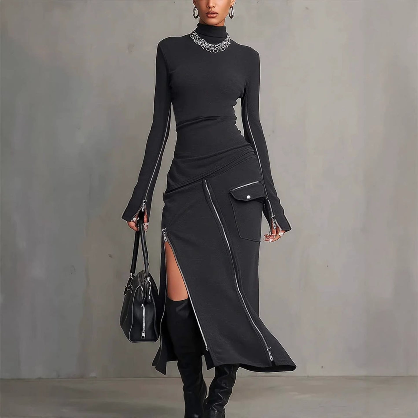 Midnight Edge Zipper Maxi Dress