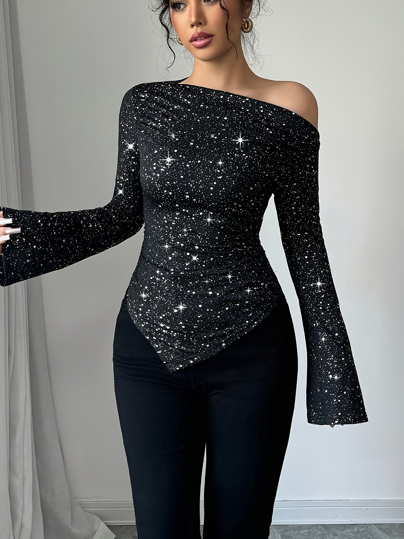 Midnight Sparkle One-Shoulder Top