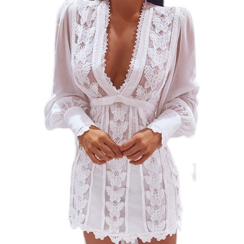 White Elegant Dresses Sexy V Neck Lace Dress