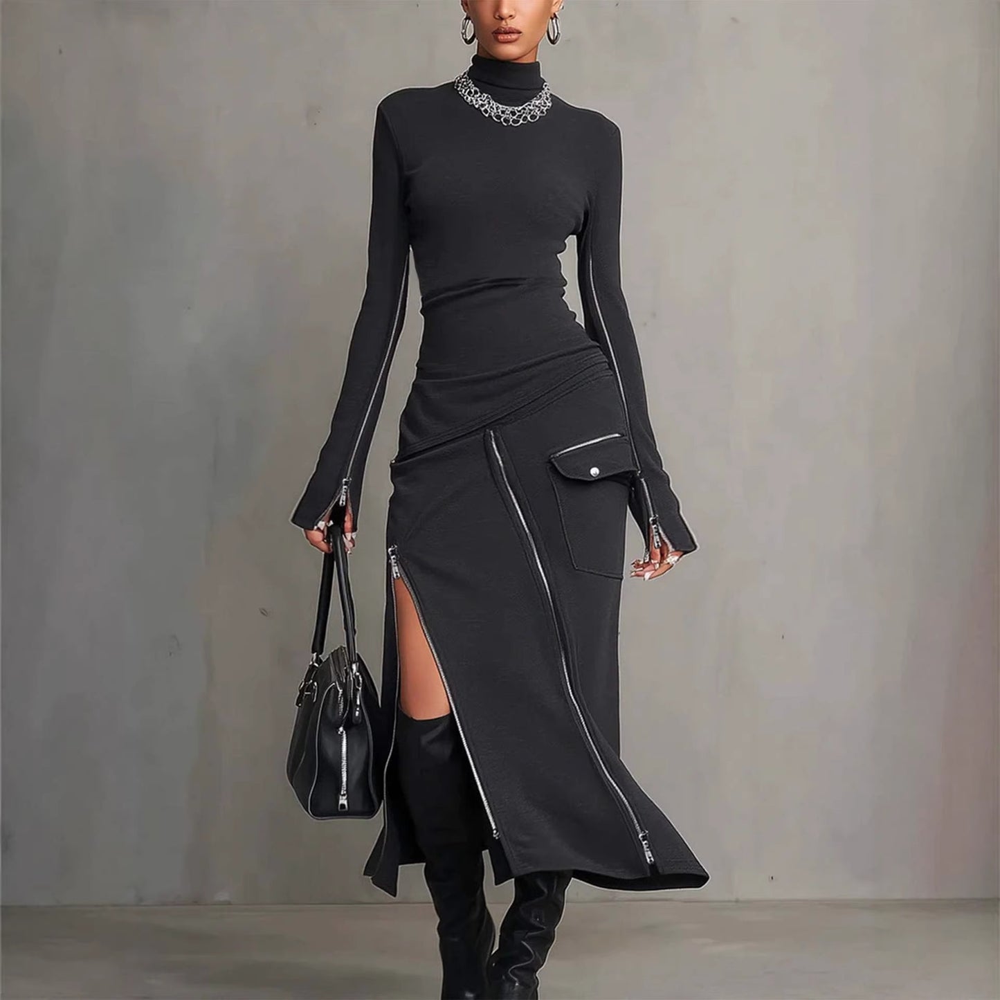 Midnight Edge Zipper Maxi Dress