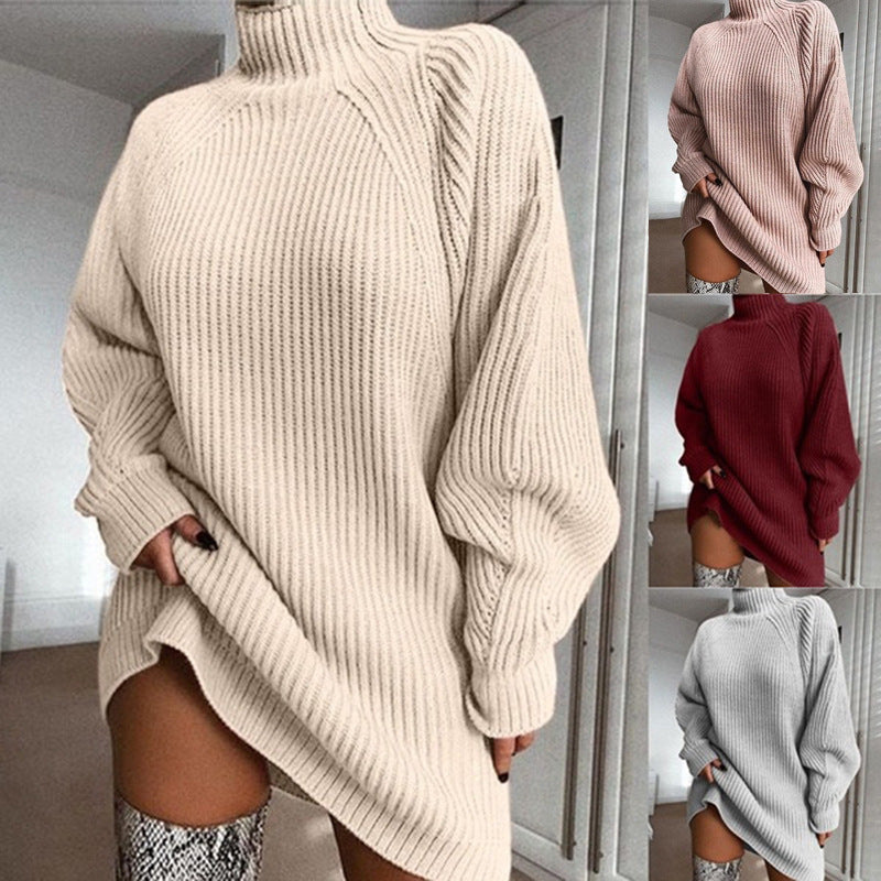 Solid Turtleneck Long Sweater Dress