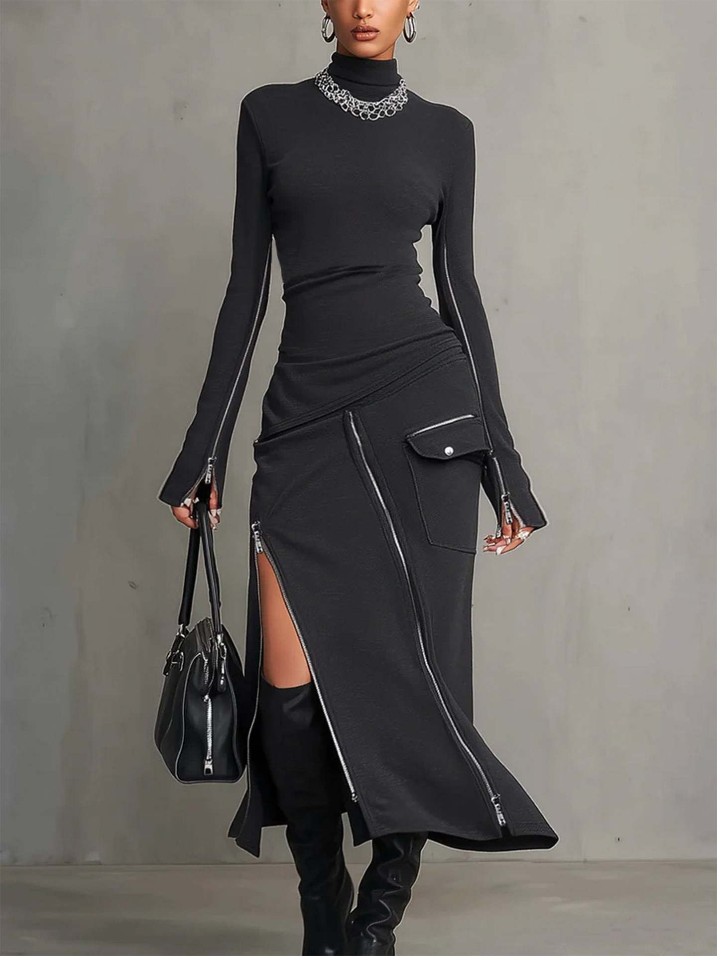 Midnight Edge Zipper Maxi Dress