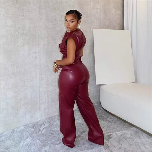 New Women's Trousers Sleeveless Leather Jumpsuit