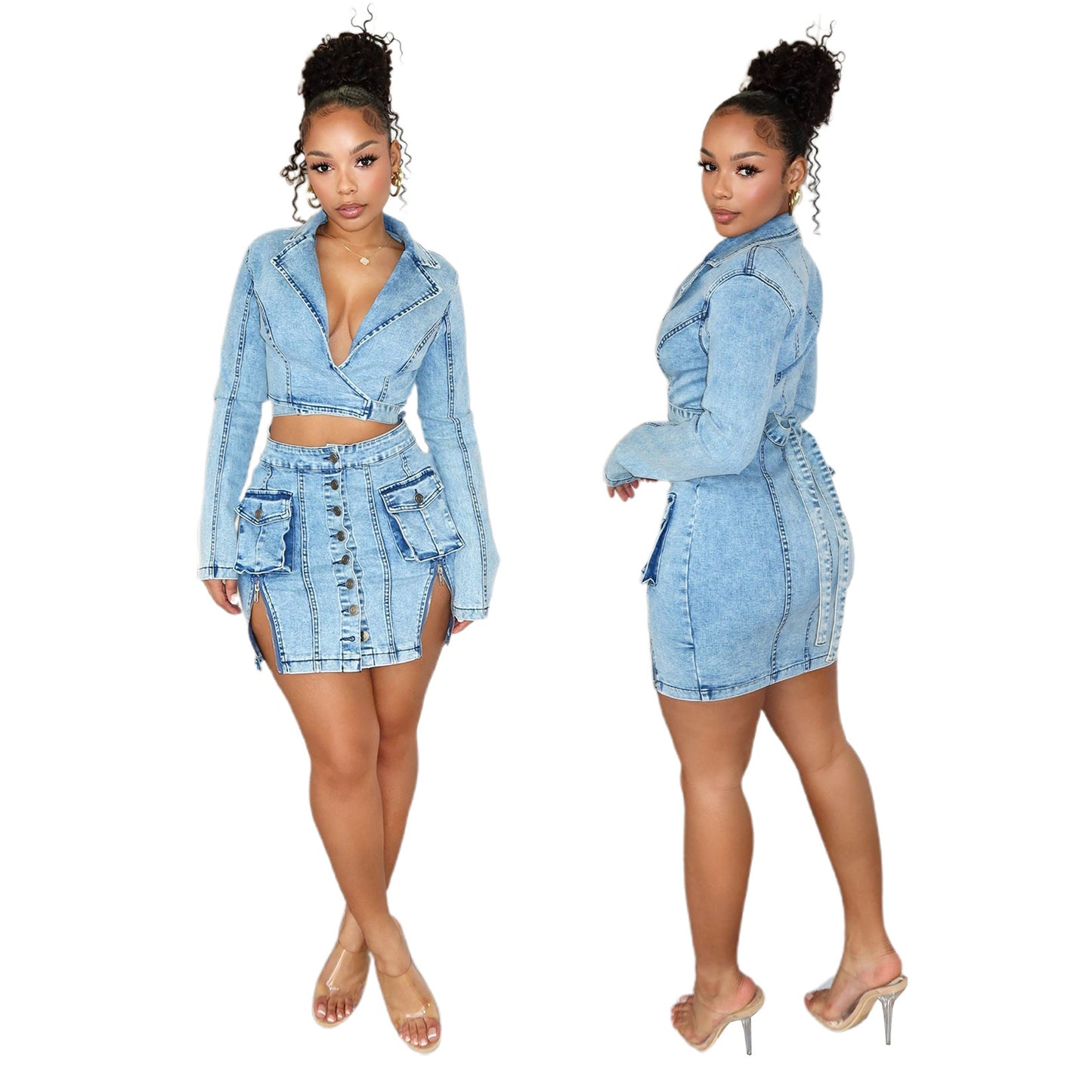 Slim Fit Denim Skirt Suit