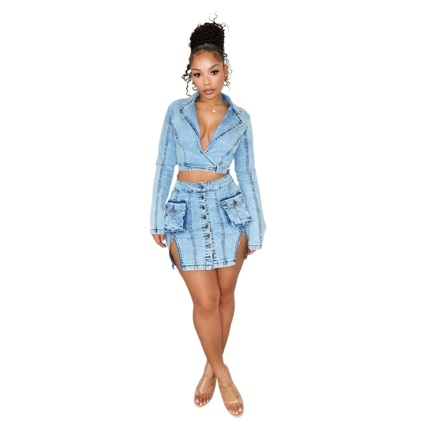 Slim Fit Denim Skirt Suit