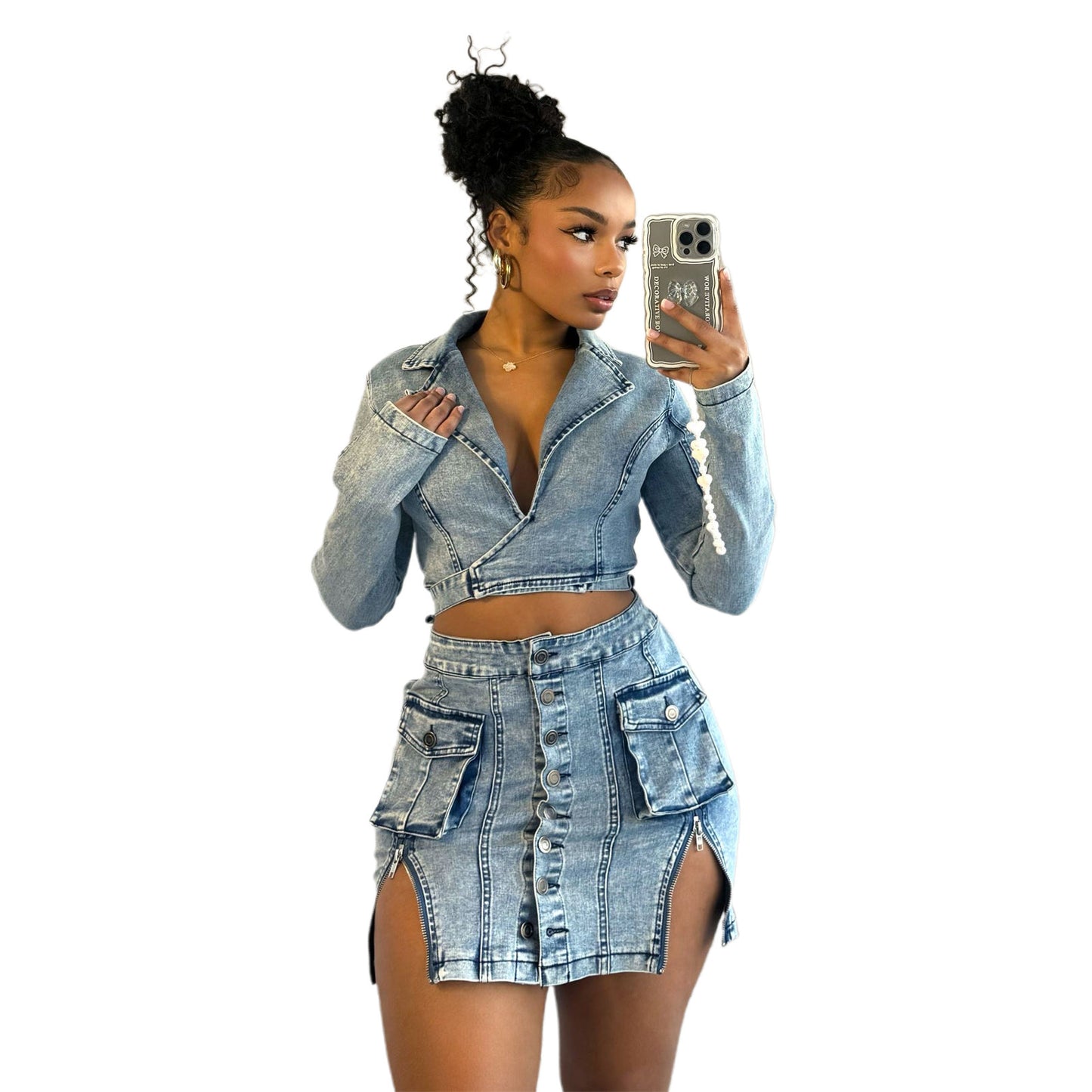 Slim Fit Denim Skirt Suit