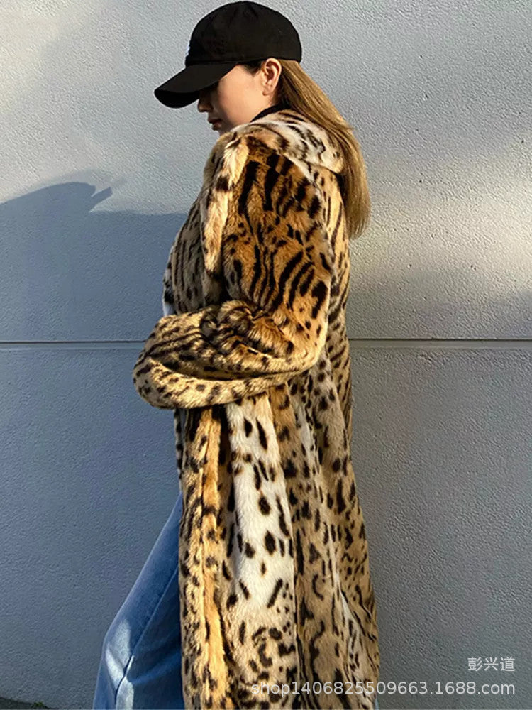 New Leopard Print Faux Fur Coat Women