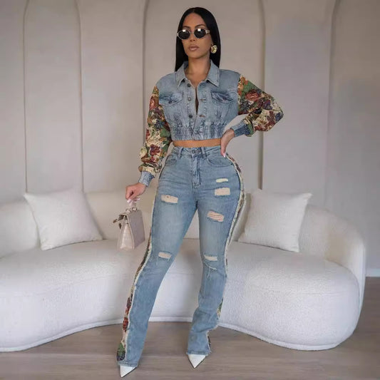 New Retro Jeans Women's Fashion Side Lace Suit