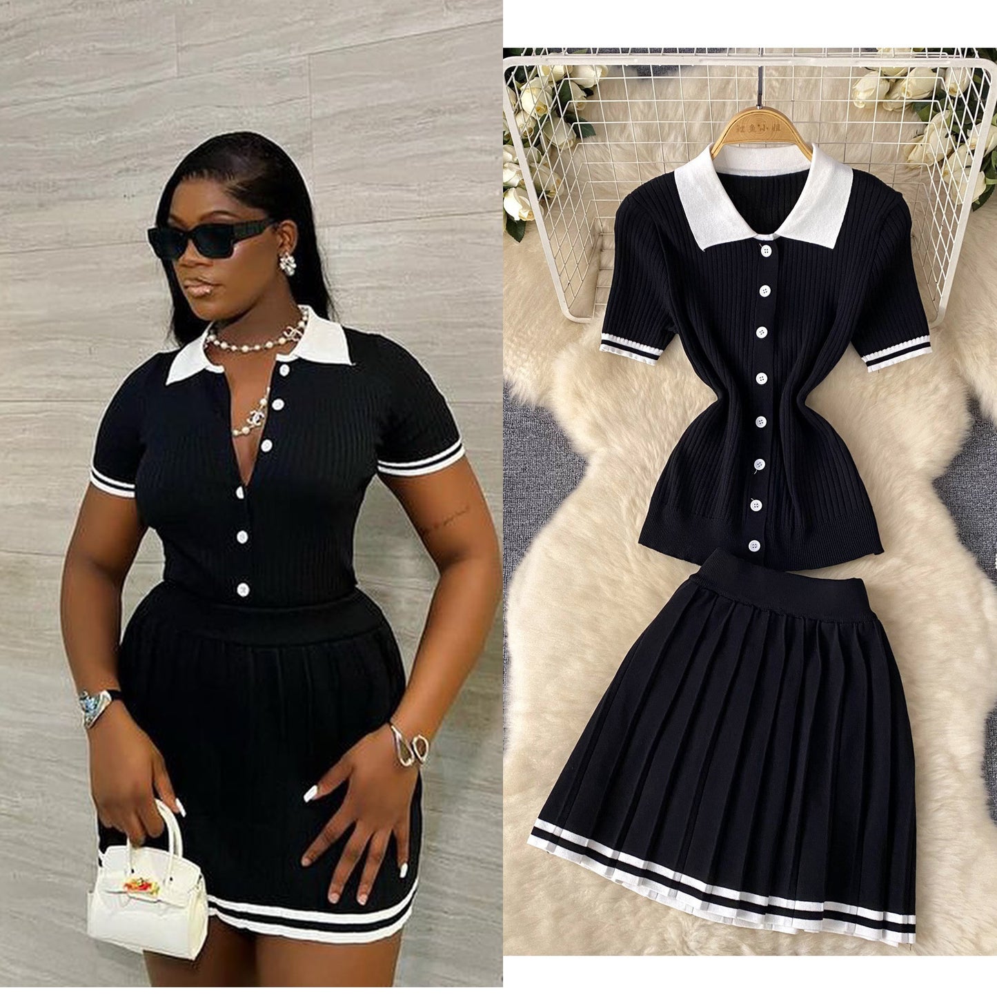 Short Sleeve Shirt Top High Waist Slimming Pleated Skirt Two-piece Set