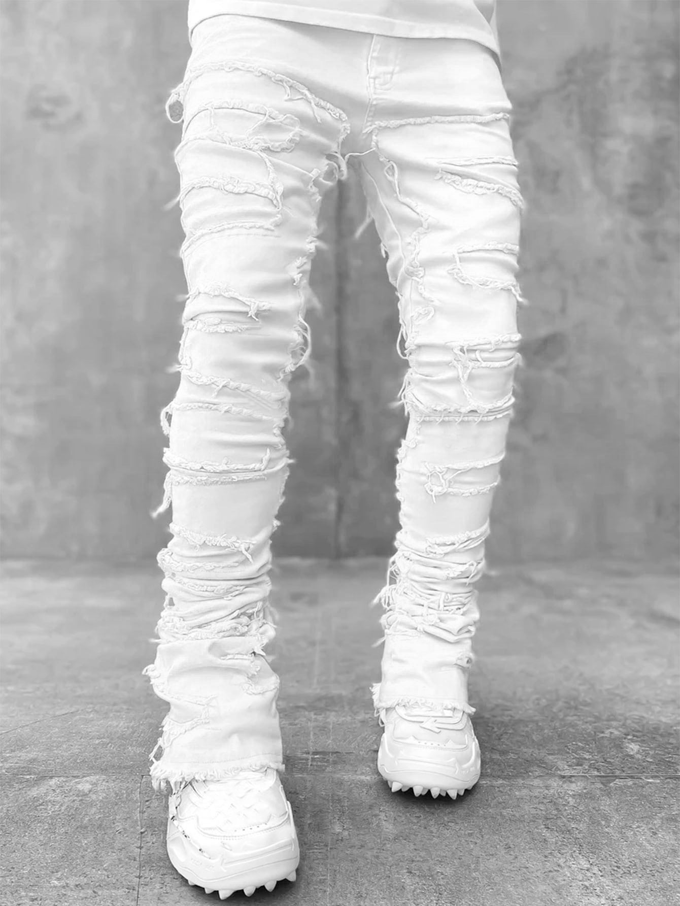 Men Trousers Individual Patched Pants Long Tight Fit Stacked Jeans For Mens Clothing