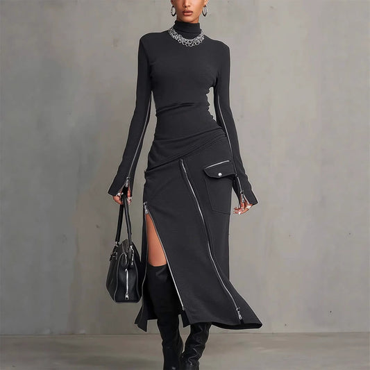 Midnight Edge Zipper Maxi Dress